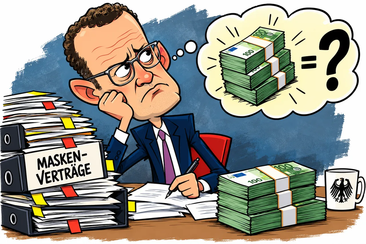 Karikatur: Jens Spahn grübelt am Schreibtisch zwischen Ordnern mit der Aufschrift „Maskenverträge“ und einem Stapel Geldscheine. In seiner Denkblase ein Geldstapel, gefolgt von „= ?“.